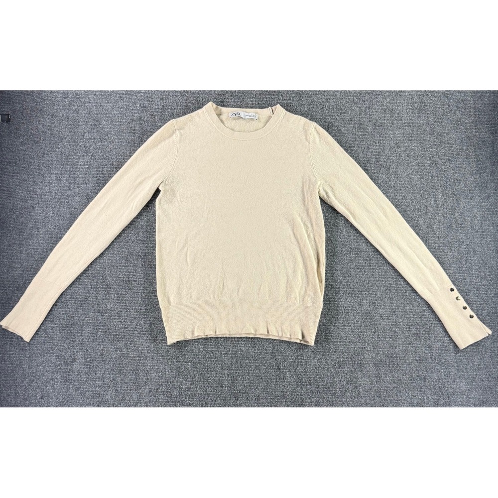 Zara Womens Beige Crew Neck Knit Sweater with Button Cuff Detail Size‎ S